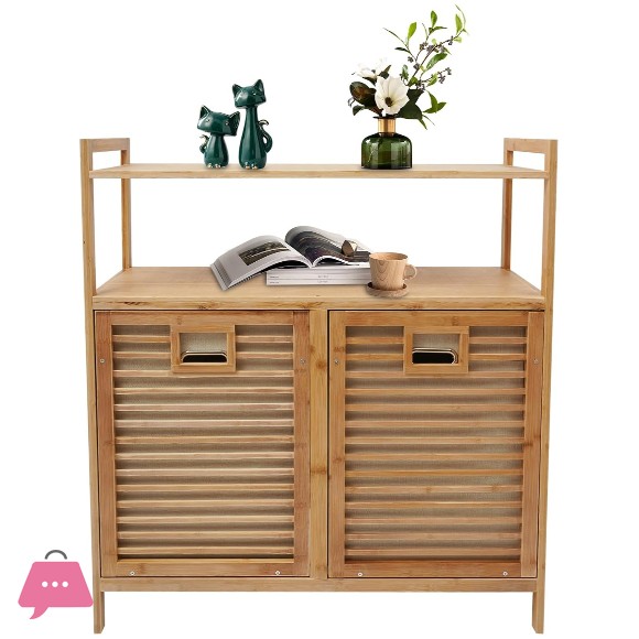 Bamboo Two Laundry Hamper Cabinet with Shelves & Tilt Out Basket Organizer for Laundry Room
