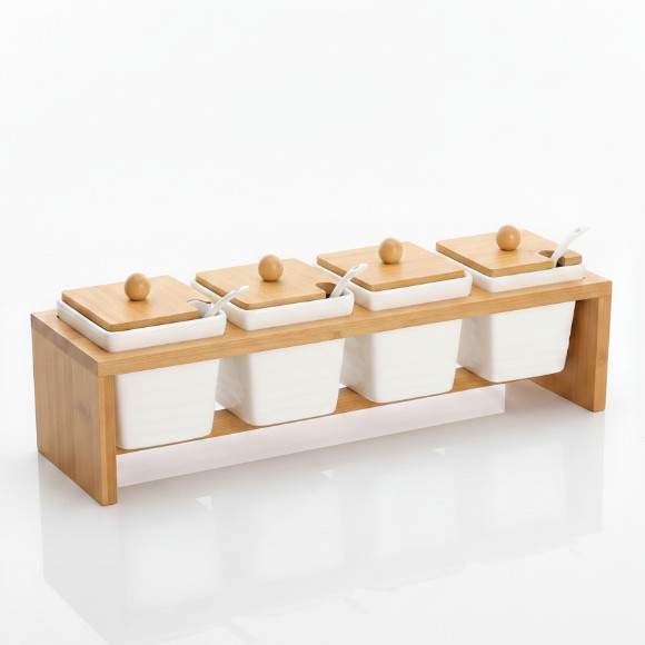 Ceramic Seasoning Set With Bamboo Stand
