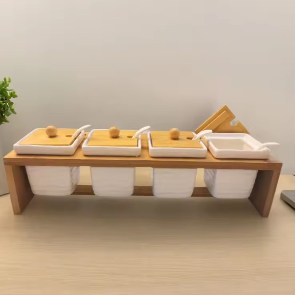 Ceramic Seasoning Set With Bamboo Stand