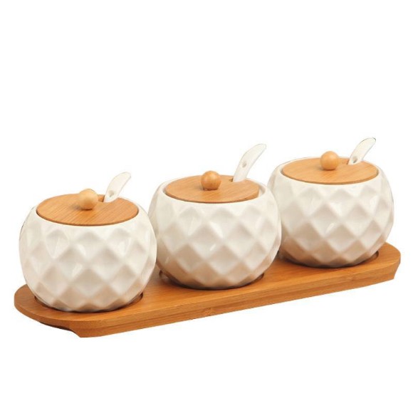 Ceramic Spice Jar with Bamboo Rack 3 Pieces