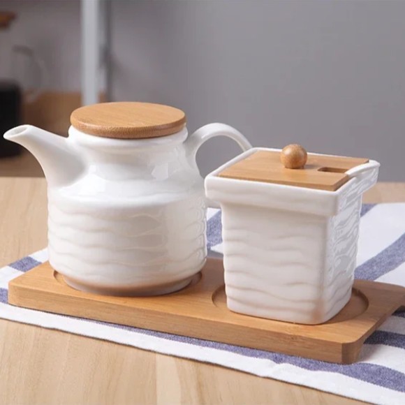Ceramic Sugar and Creamer Set 11.8 oz Creamer Pitcher and 7.4 oz Sugar Bowl with Wooden Tray & Lid