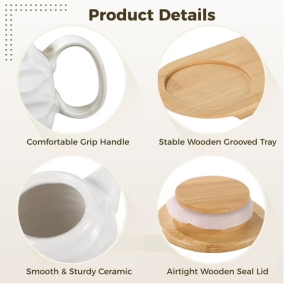 Ceramic Sugar and Creamer Set 11.8 oz Creamer Pitcher and 7.4 oz Sugar Bowl with Wooden Tray & Lid
