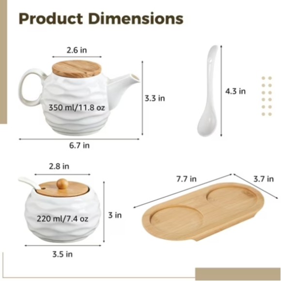 Ceramic Sugar and Creamer Set 11.8 oz Creamer Pitcher and 7.4 oz Sugar Bowl with Wooden Tray & Lid