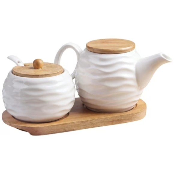 Ceramic Sugar and Creamer Set 11.8 oz Creamer Pitcher and 7.4 oz Sugar Bowl with Wooden Tray & Lid