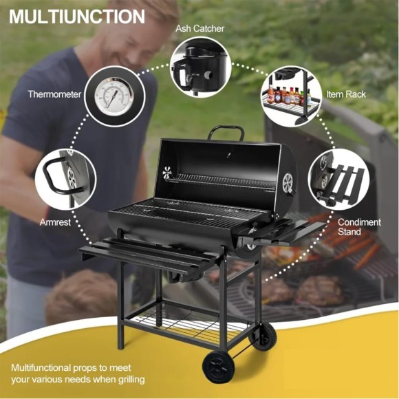 Charcoal Grill Trolley With Shelf Side Table Wheels Built-in Thermometer Barbecue Grill with Automatic Rotating Grill Suitability for Outdoor BBQ