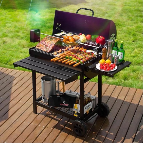 Charcoal Grill Trolley With Shelf Side Table Wheels Built-in Thermometer Barbecue Grill with Automatic Rotating Grill Suitability for Outdoor BBQ