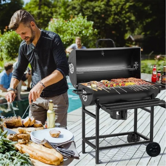 Charcoal Grill Trolley With Shelf Side Table Wheels Built-in Thermometer Barbecue Grill with Automatic Rotating Grill Suitability for Outdoor BBQ
