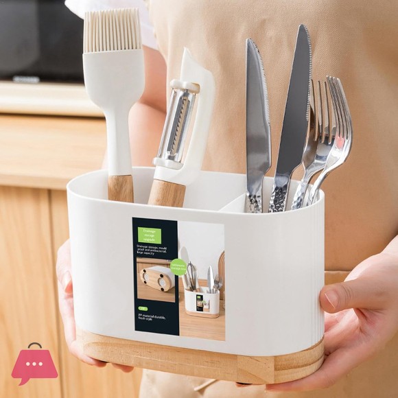 Cutlery Storage Drainer Rack - Wooden Base Kitchen Utensil Holder