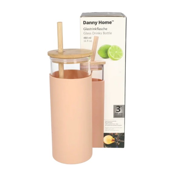 Danny Home Borosilicate Bottle with Wood Lid & Straw 17.7cm