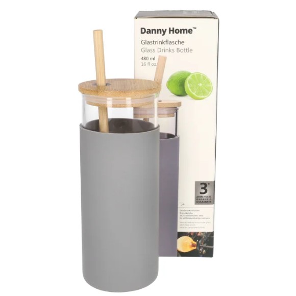 Danny Home Borosilicate Bottle with Wood Lid & Straw 17.7cm