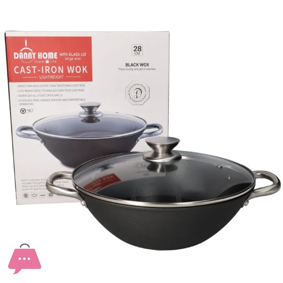 Danny Home Cast-Iron Karahi Double Handle Wok with Lid