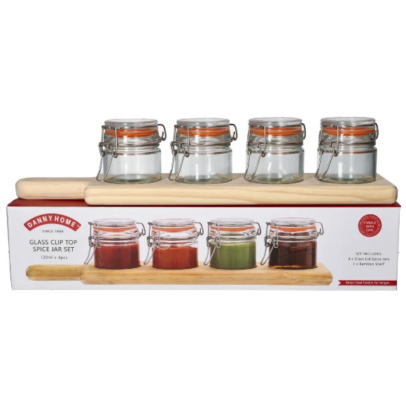 Danny Home Mini Glass Jars With Clip Top & Bamboo Shelf