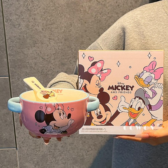 Disney Cartoon Minnie Mouse & Donald Duck Double Ear Ceramic Bowl with Spoon