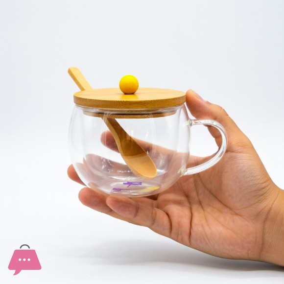 Double Walled Tea Cup with Wooden Lid and Spoon - 250ml