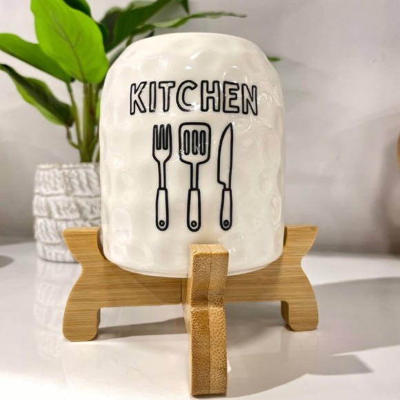 Elegant Porcelain Spoon Holder on Bamboo Base – Kitchen Utensil Organizer for Spoons Forks Knives Egg Beater Spreader – Modern Kitchen Decor