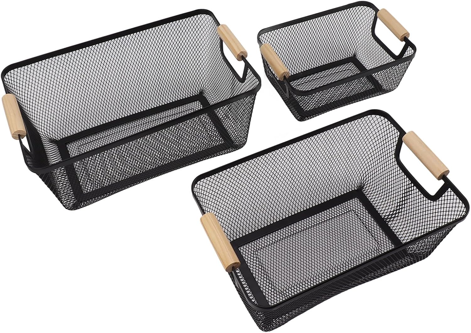 Metal Mesh Storage Basket with Wooden Handles – Set of 3