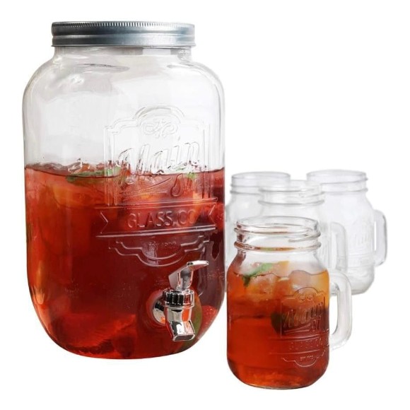 Glass Beverage Dispenser 5Pcs Set 8 Litre Drink Server with Ice Chamber & 4 Mason Jar 520ml