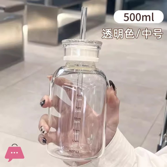 Glass Water Bottle with Straw Clear Kawaii Drinking Bottle Leakproof Iced Coffee Cup 500/750ml