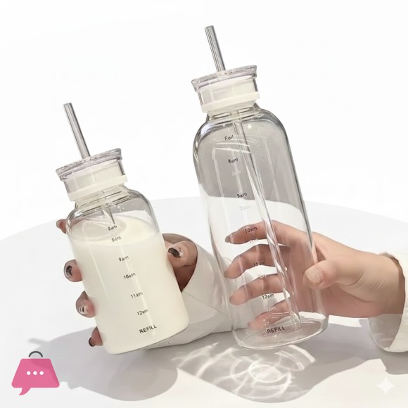 Glass Water Bottle with Straw Clear Kawaii Drinking Bottle Leakproof Iced Coffee Cup 500/750ml