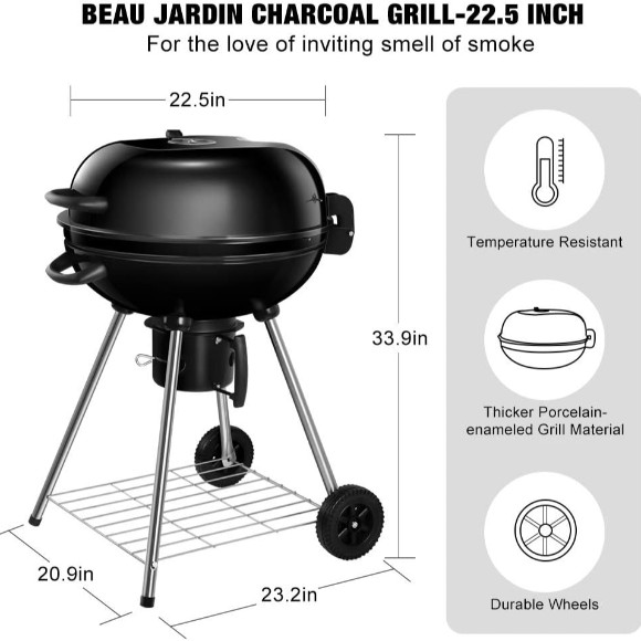 Heavy Duty Charcoal Grill Barbecue Coal Kettle Bowl Grill Portable Round with Wheels 22.5 Inch