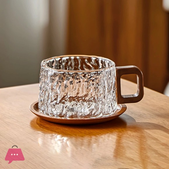 High Quality Borosilicate Glass Mug with Wooden Handle and Coaster - 240ml