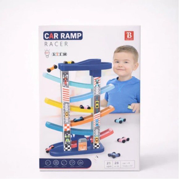 Kids Car Ramp Racer Toy Set – Multi-Level Wooden Track with Mini Cars