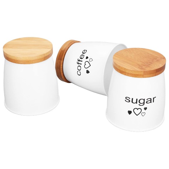 Kitchen Canister Set Coffee Tea Sugar Good Sealing Bamboo Lid Durable Iron Jars Set of 3
