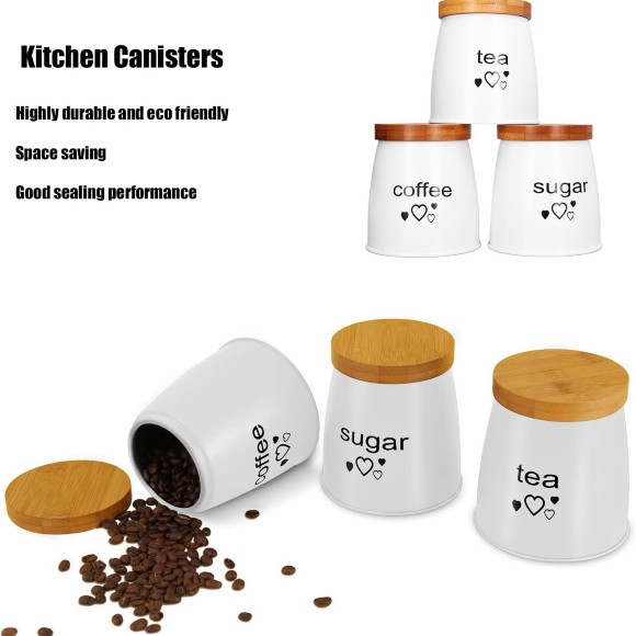 Kitchen Canister Set Coffee Tea Sugar Good Sealing Bamboo Lid Durable Iron Jars Set of 3