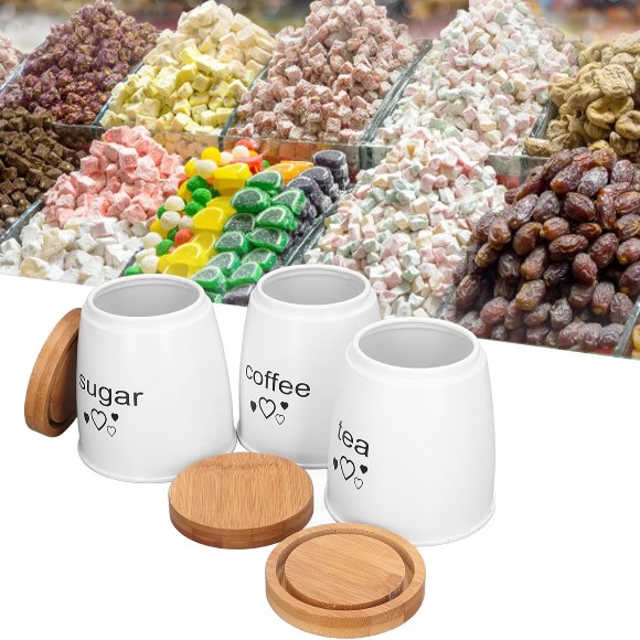 Kitchen Canister Set Coffee Tea Sugar Good Sealing Bamboo Lid Durable Iron Jars Set of 3