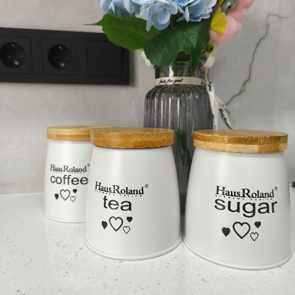 Kitchen Canister Set Coffee Tea Sugar Good Sealing Bamboo Lid Durable Iron Jars Set of 3