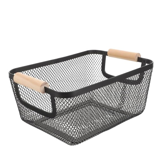 Metal Mesh Storage Basket with Wooden Handles