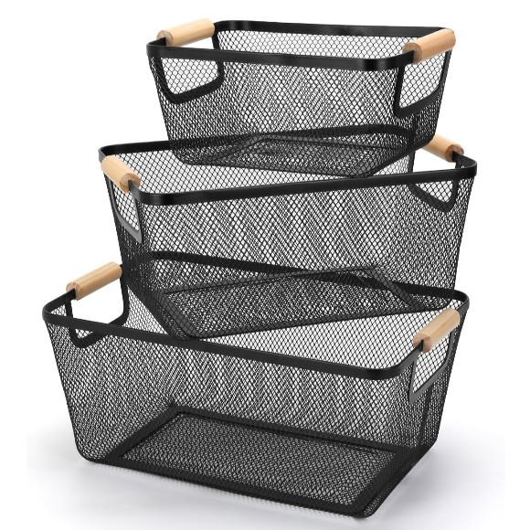 Metal Mesh Storage Basket with Wooden Handles