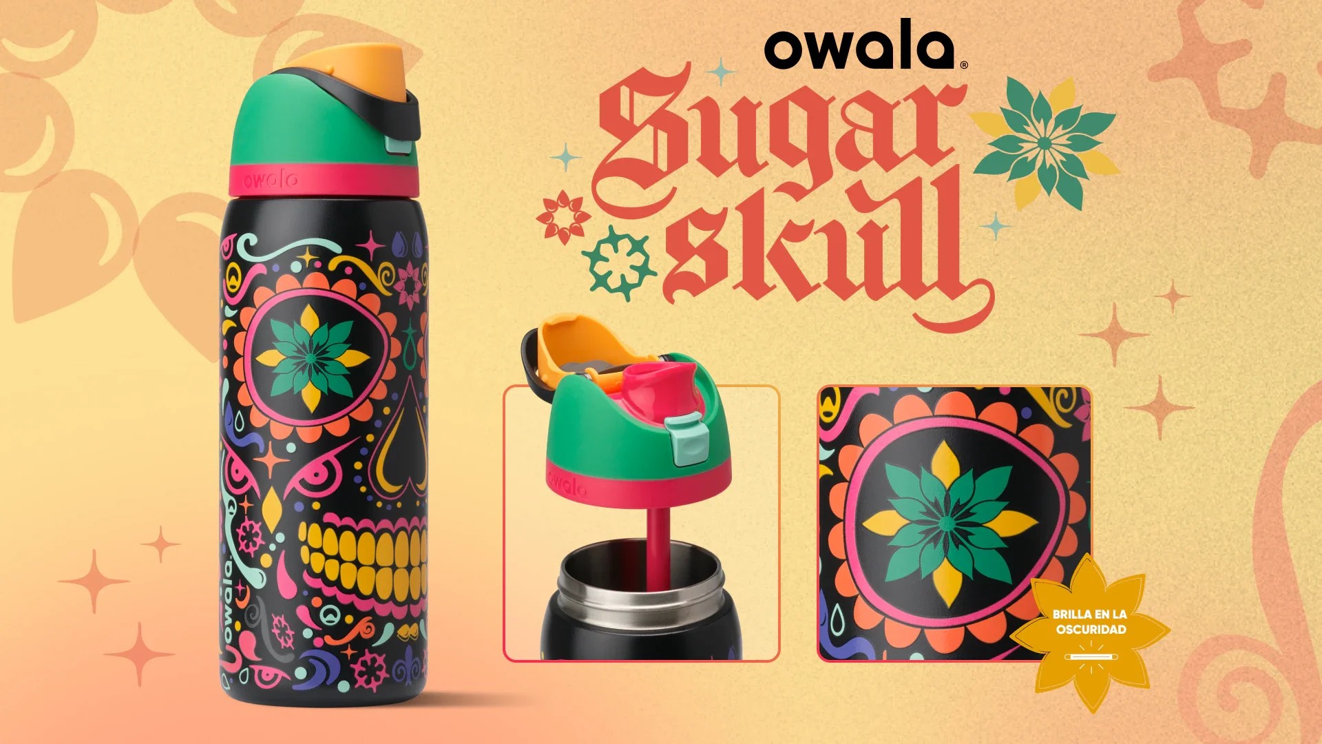owala-32oz-color-drop-freesip-sugar-skull-water-bottle-glow-in-the-dark---limited-edition