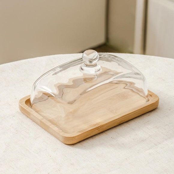Rectangle Glass Butter Dome with Wood Base