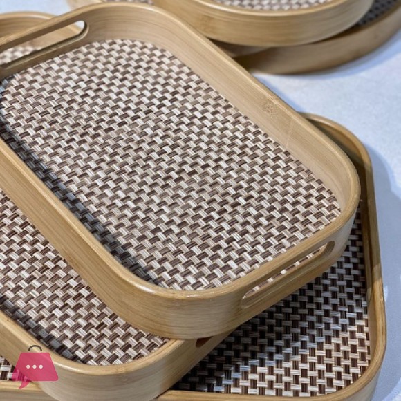 Rectangular Rattan Bamboo Serving Tray with Handles - 3 Pieces