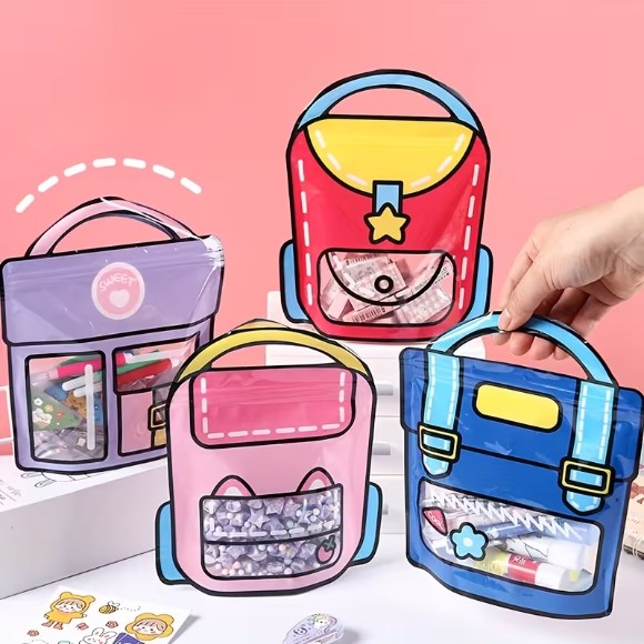 Set Of 4 Zip Lock Bag, Kids School Bag Shape Packing Bag, Cartoon Candy Cookie Bag