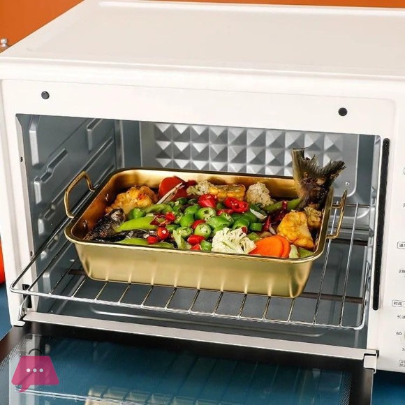 Stainless Steel Golden Rectangular Oven Tray with Handles - Chicken, Turkey & Fish Baking Tray