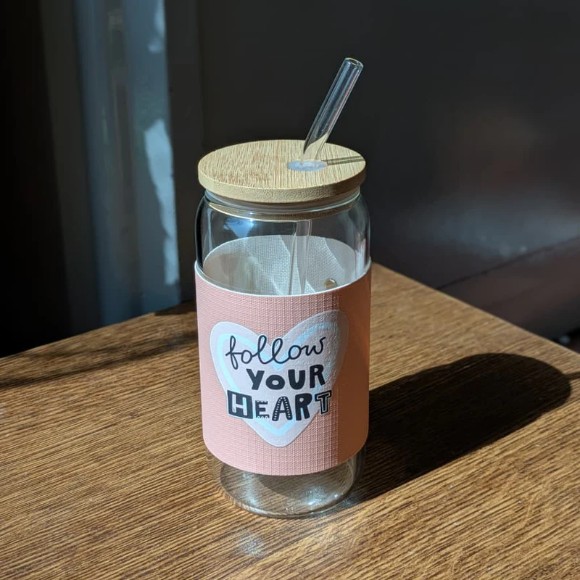 Tall Glass In All Its Glory 450ml Can Glass with Lid & Straw Leather Sleeve Cup