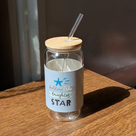 Tall Glass In All Its Glory 450ml Can Glass with Lid & Straw Leather Sleeve Cup