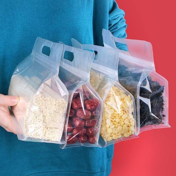 Transparent Frosted Wide Eight Side Seal Flat Bottom Bags with Zipper and Handle Pack of 4