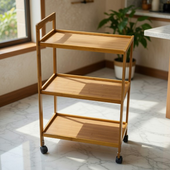 3-Tier Wooden Trolley with Wheels