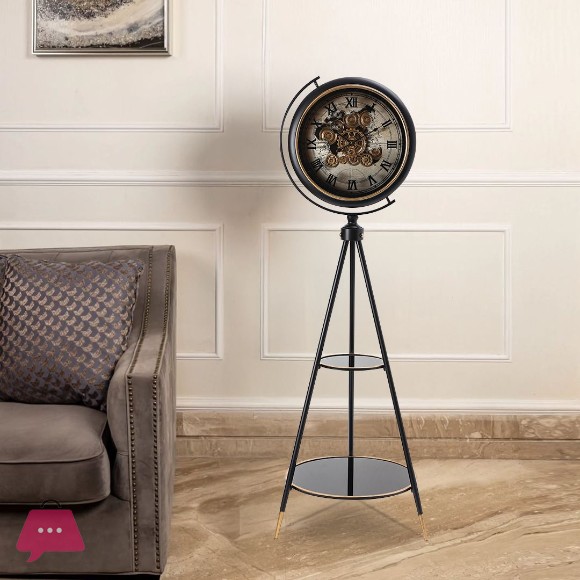 Vintage Style Tripod Floor Clock With Moving Gear Mechanism And Two Shelves