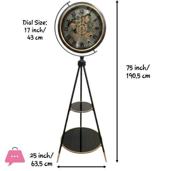 Vintage Style Tripod Floor Clock With Moving Gear Mechanism And Two Shelves