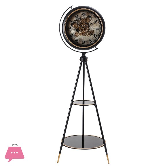 Vintage Style Tripod Floor Clock With Moving Gear Mechanism And Two Shelves