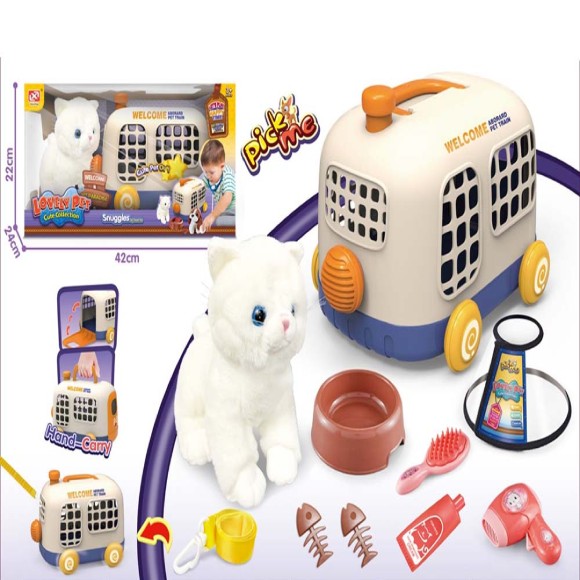 Lovely Pet White Kitten Cat Plush Toy with Carrier Play Set