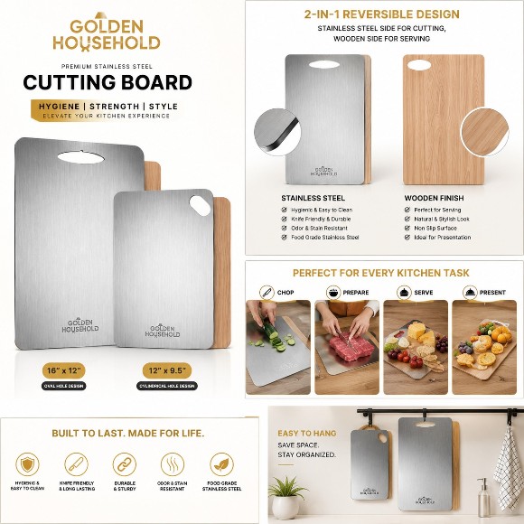 2 in 1 Reversible Cutting Board Steel and Wood