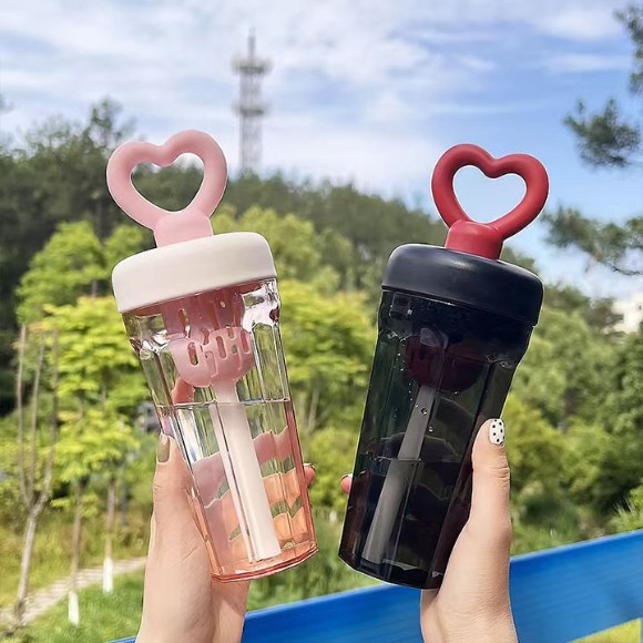 600ml Summer Plastic Water Bottle with Straw for Hiking Sports