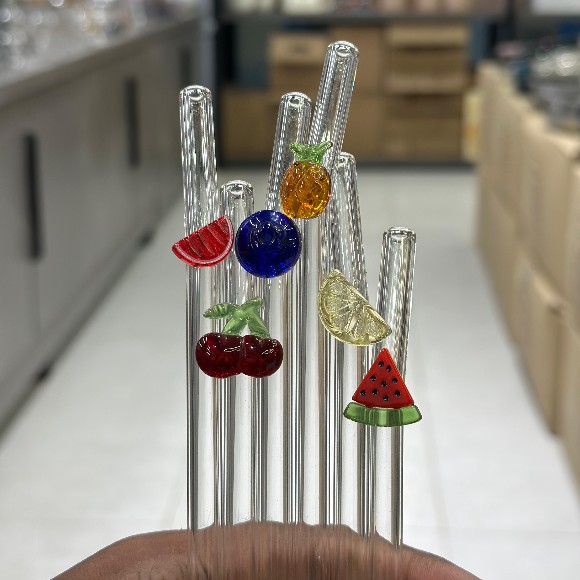 6-Pcs Fruits Glass Straws Set with Cleaning Brush