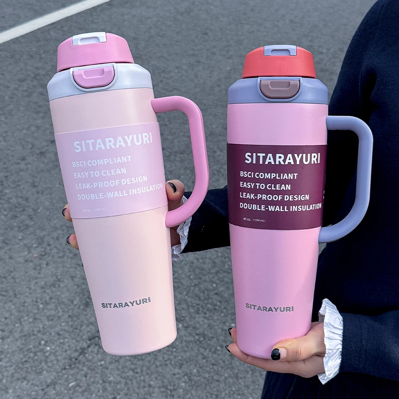 SITARAYURI Dual-Drink Insulated Tumbler 1.2L Stainless Steel Handled Cup Flip-Top Direct Sip & Straw Cup