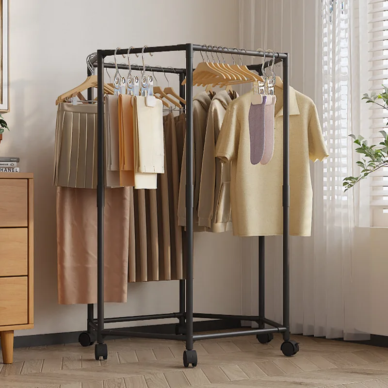 Hexagonal Rotating Clothes Rack Metal Clothes Drying Rack Movable Balcony Bedroom Clothing Storage Rack With Wheels